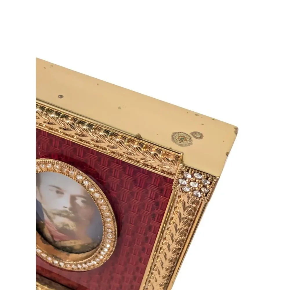 Faberge Red Guilloche Catherine Palace Signed Miniature Picture Frame Gold Plate